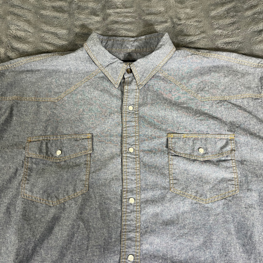 KEY Mens Western Pearl Snap Shirt 4XLR Blue Short Sleeve Cotton Workwear AP093